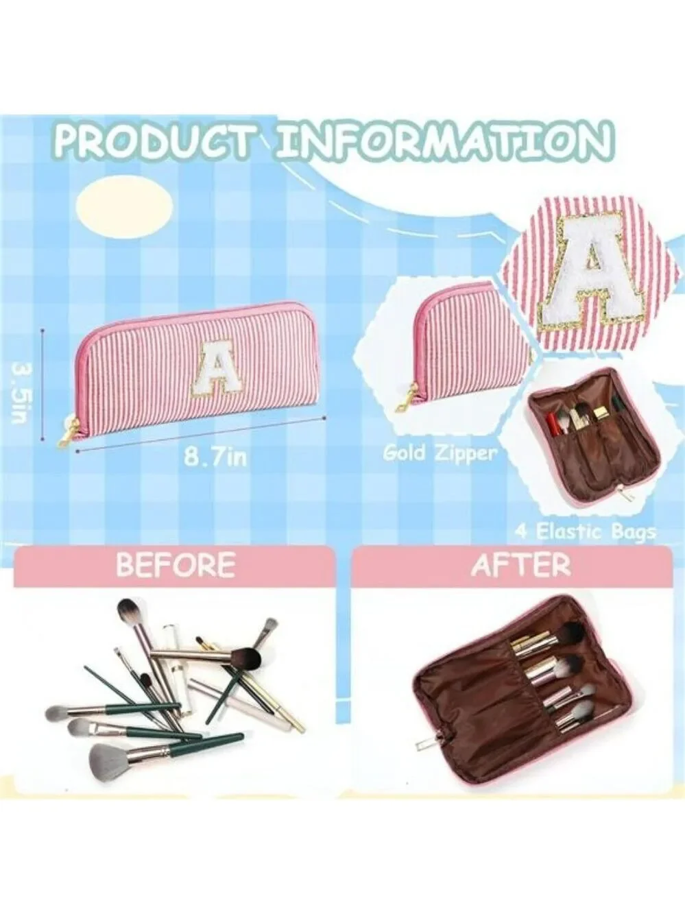 Personalized Initial Makeup Bag Gift Set for Teen Girls Women Travel Organizer